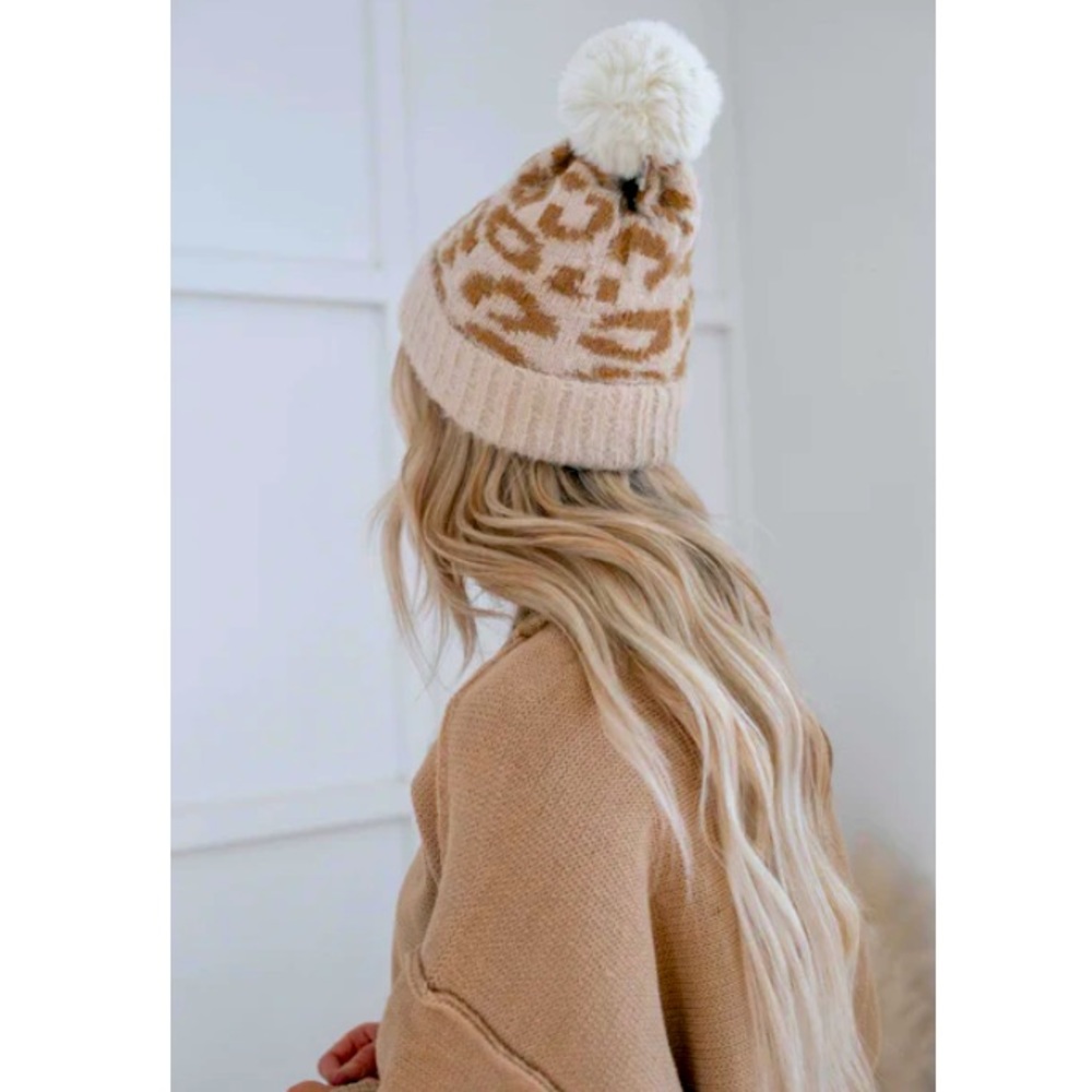 Fuzzy Ivory Leopard Pom Beanie